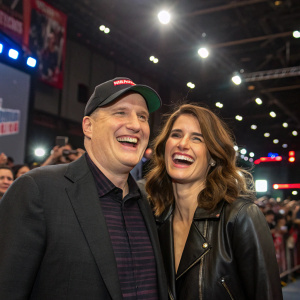 Kevin Feige and Cobie Smulders, laughing and posing for the camera at a bustling New York Comic Con. Bright stage lights and excited fans in the background.