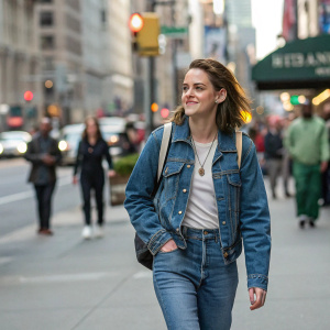 Kristen Stewart, in a casual denim jacket and jeans, walking through a bustling city street.