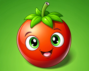 2d cartoon vector cute tomato, green background, no detailed