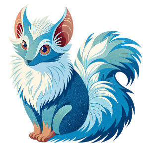 Fantasy Creature: Illustration of the "Fluffy Drigula," a fantastical creature with a fluffy bear-like body, large fox-like ears, and a tail resembling a fluffy fox ribbon.