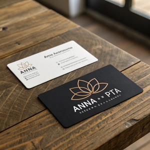 Anna Pta-Narbona's sleek business card displayed on a rustic wooden table. Next to a competitor's card. Subtle lighting