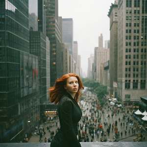 Photograph of Scarlett Johansson, with flowing red hair, posing in front of a bustling cityscape.