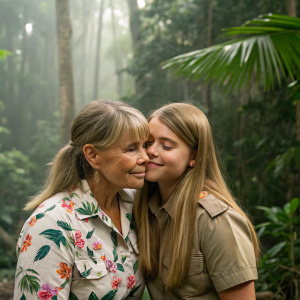 Terri Irwin and Bindi Irwin sharing a heartfelt moment. Jungle background. Bindi in floral print shirt.