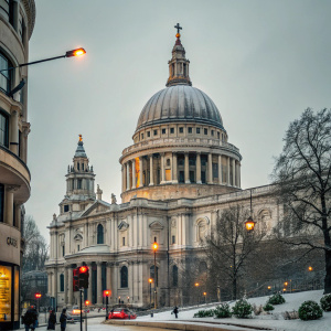 St. Paul's Cathedral in London, an impressive Gothic architectural masterpiece. Grand dome and numerous spires, detailed stone carvings. Circular dome with gold-toned exterior. Surrounded by winter scenery with bare trees, amidst bustling cityscape of streetlights and traffic signals.