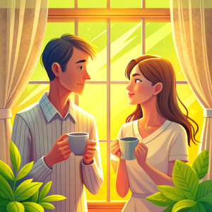 young couple sipping tea in the morning