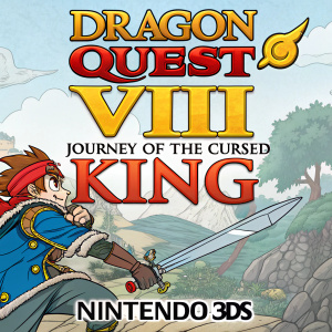 Cover art for Dragon Quest VIII: Journey of the Cursed King on Nintendo 3DS. Action scene with main character, Nintendo 3DS logo on right, vibrant cartoon style