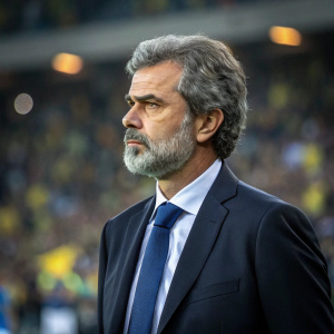 Aykut Kocaman, serious expression, bearded, dark suit and blue tie. Behind the scenes at Fenerbahçe stadium, blurred crowd
