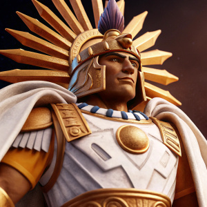 Portrait of Huayna Capac, Inca emperor, in elegant pose. Sun-themed headdress, detailed armor. Dark, dramatic background