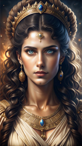 Agrippina the Younger was a striking and imposing presence in ancient Rome. She had expressive blue eyes that could convey both attraction and fear. Her impressive long, wavy dark hair was often pulled back, carefully styled to frame a face that was both noble and stern. Standing tall, Agrippina's strong jawline gave her a commanding appearance. She wore daringly low-cut, richly colored garments that highlighted her status and drew attention, enhancing her  and captivating presence.