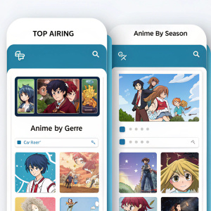 Mobile app homepage for anime streaming service. Grid layout of anime thumbnails. Categories: Top Airing, Anime by Season, Anime by Genre. Clean, modern design with blue and anime color scheme.
