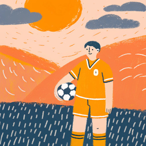 Henrikh Mkhitaryan, wearing a vibrant yellow jersey with digital bit sponsorship. He's on a lush green soccer field, holding a soccer ball. The sun sets behind him, casting a golden glow.