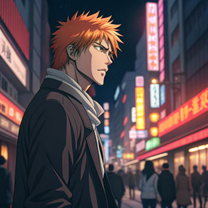 Ichigo Kurosaki, protagonist from anime series Bleach, intense facial expression, in a candid scene from the series. Background is a bustling street with neon lights