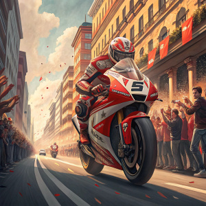 Stefan Bradl, daring motorcyclist, races through the city streets on his sleek red and white motorcycle. Crowds gather, cheering him on.