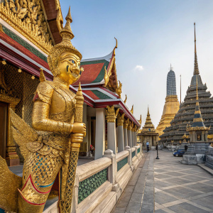 Detailed photograph of golden Garuda statues at the Grand Palace in Bangkok. Intricate designs, vibrant colors. Statues adorned with elaborate attire.