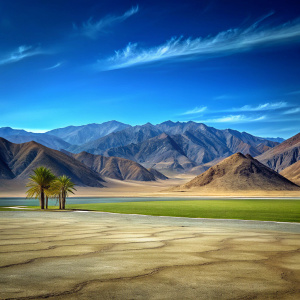 a fresh lake with shores of green lawns, palm-clad mountains in the background, and behind them a blue sky
