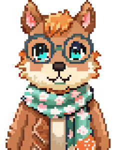 A portrait of a squeral wearing big glasses, a scarf and a flower-patterned jacket on a white background 