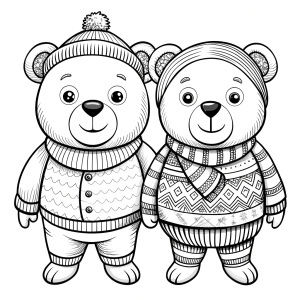 black and white line art, couple bear cute, black and white only, vector style, for coloring book page