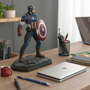 Detailed image of a Captain America action figure. Standing on a cluttered desk amidst pens, notebooks, and a laptop.
