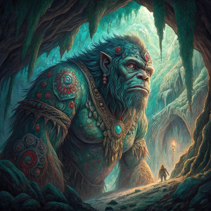 Carlos Rodríguez's digital painting. It showcases a colossal troll dwelling in a cavernous lair. The troll's body is adorned with multiple faces, rendered in a vibrant blend of green, blue, and red. Intricate patterns and textures dominate the scene, blending traditional fantasy art with a detailed focus on both character and environment.