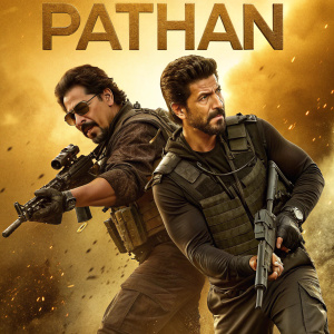 Movie poster for 'Pathan'. Shah Rukh Khan and John Abraham. Golden background, dramatic pose, action-packed scenes.