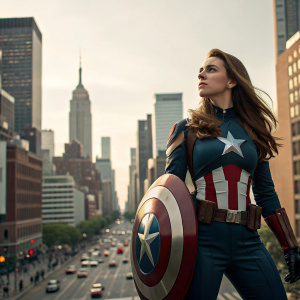 Caucasian female superhero, long brown hair, in a heroic Captain America-style outfit. Stands boldly in front of bustling metropolis skyline. Determined look.