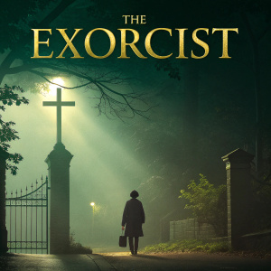Book cover for 'The Exorcist' featuring dark green background, gold text, and prominent cross. Mysterious and eerie design.