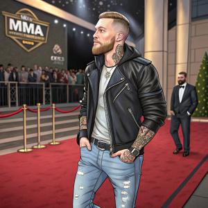 Conor McGregor at the MMA Awards, dressed in casual streetwear. Black leather jacket and jeans, tattoos visible