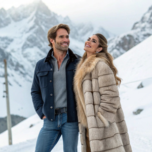 Sebastian Rulli and Cassandra Sanchez, stars of 'El Ultimo Dragon', pose on a snowy mountain backdrop. Sebastian in casual jeans and jacket, Cassandra in elegant fur coat. They are holding hands and smiling.