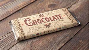 Chocolate bar mockup with vintage-inspired packaging, retro typography and decorative patterns, aged paper texture, placed on a faded wooden surface for a nostalgic vibe