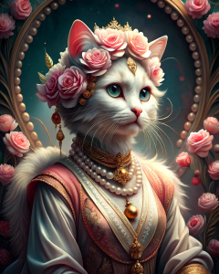 a magical white and golden cat wearing a crown made of white big pearls and pink roses and a long diaphanous pink and golden dress, sitting on a silver sofa