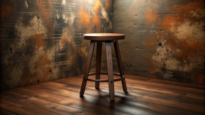 wood stool, wall steel old texture,top view, real photo, natural brown,