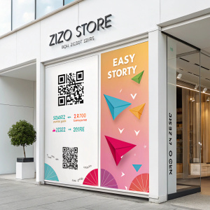 Modern digital ad for Zizo Store. Vibrant colors, origami-inspired visuals. QR code prominently displayed, encouraging engagement and easy access to the store.