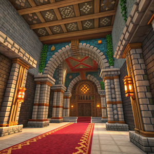 Illustration of a sprawling, Minecraft-inspired dungeon. Grand entrance with intricate stone pillars and walls. Richly colored, ornate archway and patterned ceiling add depth and warmth.