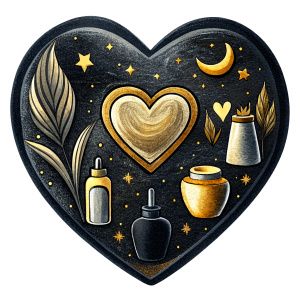 valentines day black and gold colored heart-shaped card with spa supplies