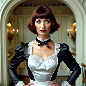 40 yo slim attractive fringe haircut brunette in Victorian french maid black satin uniform with long sleeves and white apron. extremely narrow waist, broad hips and massive pushed up bosom. dark red lipstick. in George V hotel restaurant