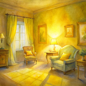 A cozy, warm yellow light illuminating a classic-style room. The light is soft and inviting, creating an atmosphere of comfort and warmth. The room is decorated with vintage furniture and soft textiles.