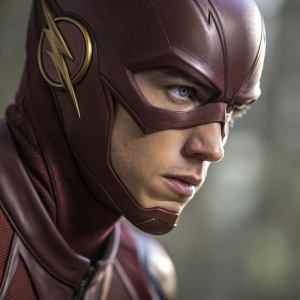 Close-up of Grant Gustin as The Flash. Intense look, detailed facial features.