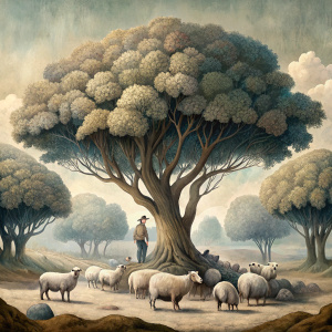 art для интерьера - Большие деревья с густой широкой кроной, под деревьями на опушке леса мальчик пастушок пасет овец