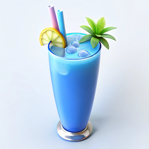 bebida de color azul refrescante con decoraciones tropicales en fondo blanco