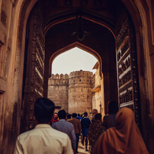 Entrance of Mehrangarh Fort. Stone architecture, intricate carvings, warm hues. Crowd of people in various attire.