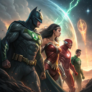 Batman, Wonder Woman, Cyborg, The Flash, Aquaman, and Green Lantern in a dramatic poster. Intense action scene with glowing celestial background.