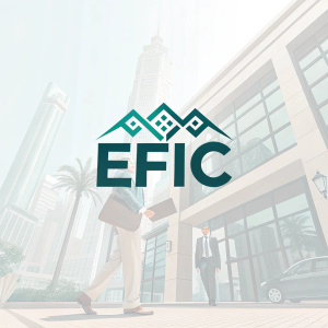 Modern logo design featuring EFIC name in bold font, English above Arabic. Subtle teal and muted color scheme.