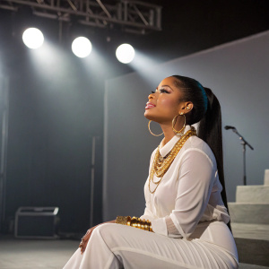 Nicki Minaj in a white blouse and gold accessories, sitting alone on a stage under bright lights.