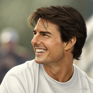 Tom Cruise, actor, with a warm smile, dressed in a white t-shirt. The background is blurred, focusing solely on his face.