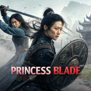 Movie poster for 'Princess Blade'. Dark-haired warriors, intense action scenes, dynamic design.