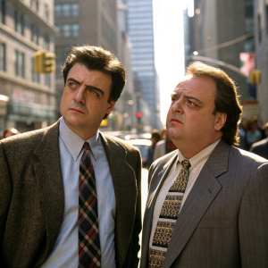 Chris Noth and George Dzundza from 'LAW & ORDER', standing outside a busy city street. Natural sunlight. Chris wears a serious expression with a plaid tie, while George looks worried with a patterned tie. Both in business suits.