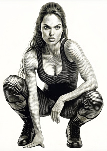 angelina jolie as lara croft in squat pose