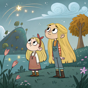 Two animated characters, both with long blonde hair, standing in a fantasy landscape. Cartoonish style with hand-drawn lines