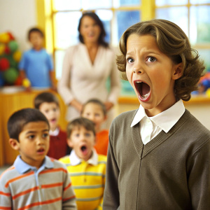 kid shouting on teacher in kindergarden