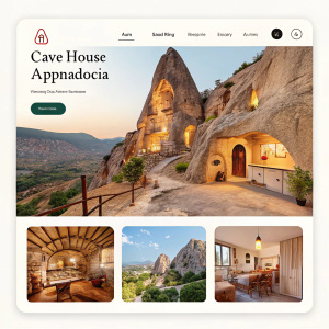 A stunning Airbnb listing for a cave house in Cappadocia. The webpage features a clean design with a logo and navigation icons. Multiple high-quality images showcase the cozy interior, kitchen, and serene outdoor views. The website is user-friendly and visually appealing.